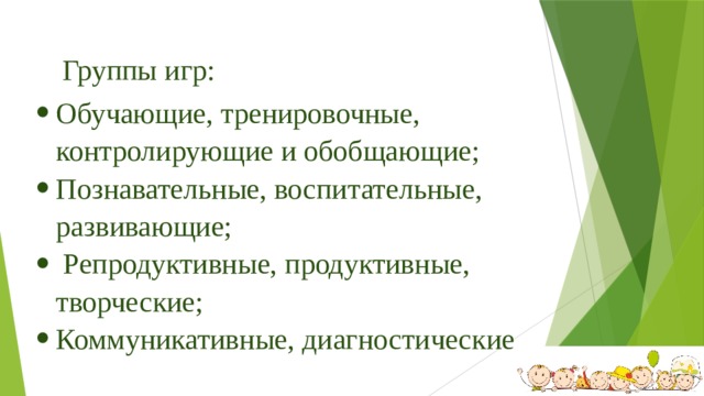 Группы игр: Обучающие, тренировочные, контролирующие и обобщающие; Познавательные, воспитательные, развивающие;  Репродуктивные, продуктивные, творческие; Коммуникативные, диагностические. 