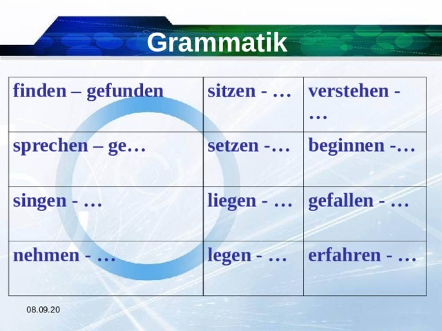 Grammatik finden – gefunden sitzen - … sprechen – ge… verstehen - … setzen -… singen - … liegen - … beginnen -… nehmen - … gefallen - … legen - … erfahren - … 08.09.20 