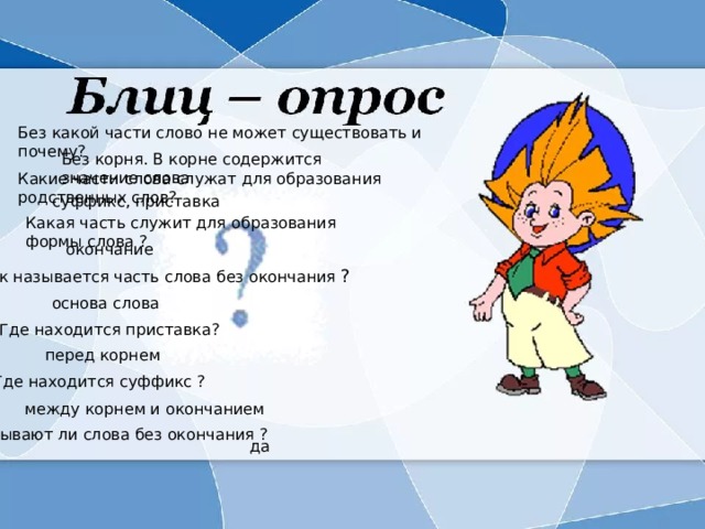 Без какой части слово не может существовать и почему? Без корня. В корне содержится значение слова Какие части слова служат для образования родственных слов? суффикс, приставка Какая часть служит для образования формы слова ? окончание Как называется часть слова без окончания ? основа слова Где находится приставка? перед корнем Где находится суффикс ? между корнем и окончанием Бывают ли слова без окончания ? да 