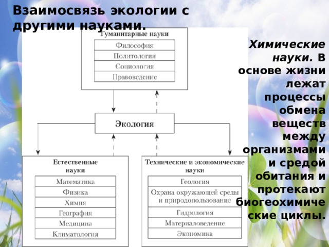Взаимосвязь экологии с другими науками. Химические науки.  В основе жизни лежат процессы обмена веществ между организмами и средой обитания и протекают биогеохимические циклы. 