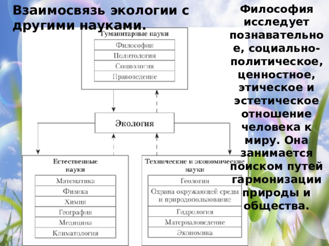 Философия исследует познавательное, социально-политическое, ценностное, этическое и эстетическое отношение человека к миру. Она занимается поиском путей гармонизации природы и общества. Взаимосвязь экологии с другими науками. 