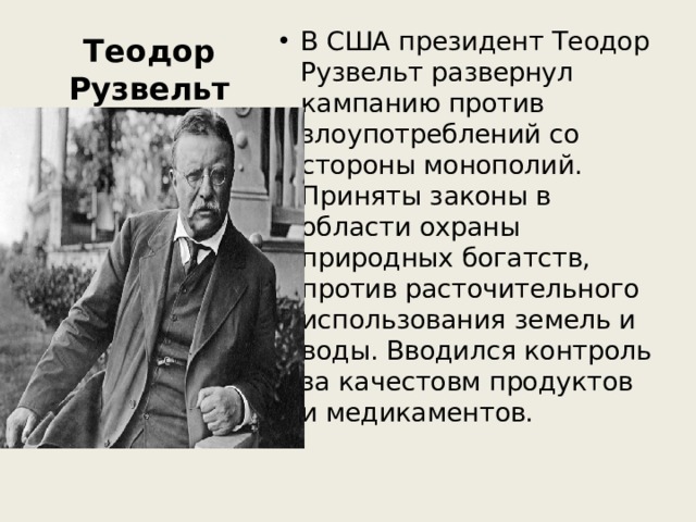 Теодор Рузвельт В США президент Теодор Рузвельт развернул кампанию против злоупотреблений со стороны монополий. Приняты законы в области охраны природных богатств, против расточительного использования земель и воды. Вводился контроль за качестовм продуктов и медикаментов. 