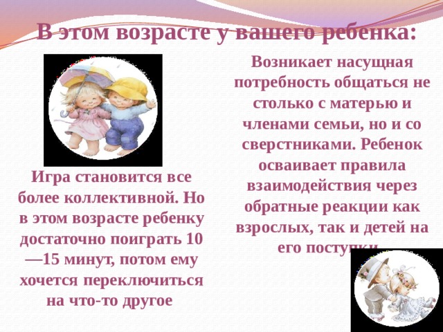 В этом возрасте у вашего ребенка: Возникает насущная потребность общаться не столько с матерью и членами семьи, но и со сверстниками. Ребенок осваивает правила взаимодействия через обратные реакции как взрослых, так и детей на его поступки. Игра становится все более коллективной. Но в этом возрасте ребенку достаточно поиграть 10—15 минут, потом ему хочется переключиться на что-то другое 
