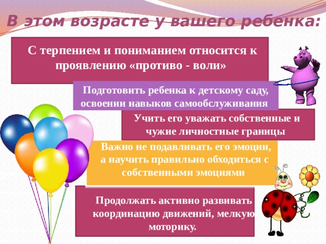 В этом возрасте у вашего ребенка:  С терпением и пониманием относится к проявлению «противо - воли» Подготовить ребенка к детскому саду, освоении навыков самообслуживания Учить его уважать собственные и чужие личностные границы  Важно не подавливать его эмоции, а научить правильно обходиться с собственными эмоциями Продолжать активно развивать координацию движений, мелкую моторику. 