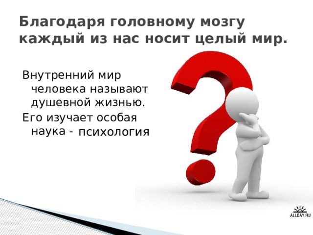 Благодаря головному мозгу каждый из нас носит целый мир. Внутренний мир человека называют душевной жизнью. Его изучает особая наука - психология 