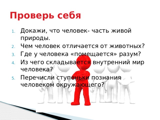 Проверь себя Докажи, что человек- часть живой природы. Чем человек отличается от животных? Где у человека «помещается» разум? Из чего складывается внутренний мир человека? Перечисли ступеньки познания человеком окружающего? 