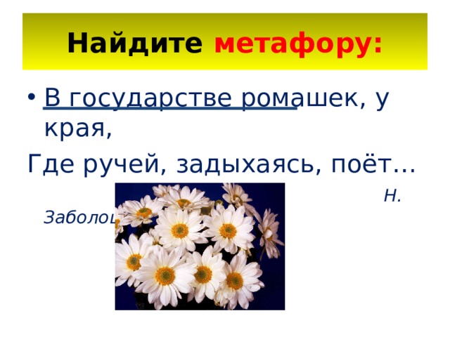 Найдите метафору: В государстве ромашек, у края, Где ручей, задыхаясь, поёт…  Н. Заболоцкий 