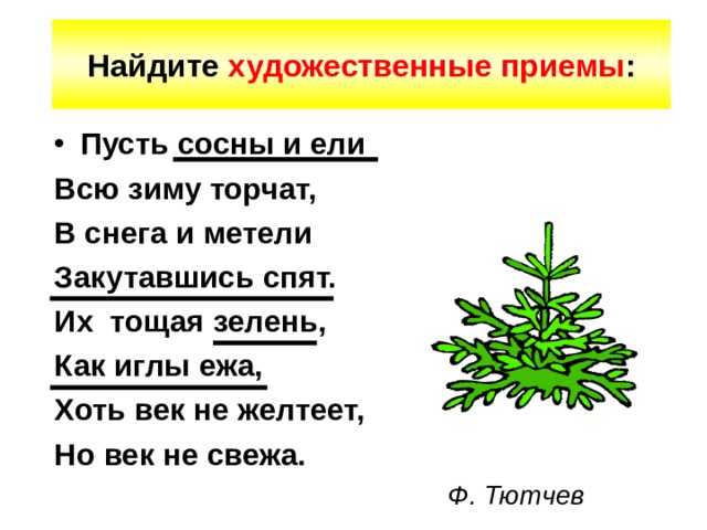 Найдите художественные приемы : Пусть сосны и ели Всю зиму торчат, В снега и метели Закутавшись спят. Их тощая зелень, Как иглы ежа, Хоть век не желтеет, Но век не свежа.  Ф. Тютчев 