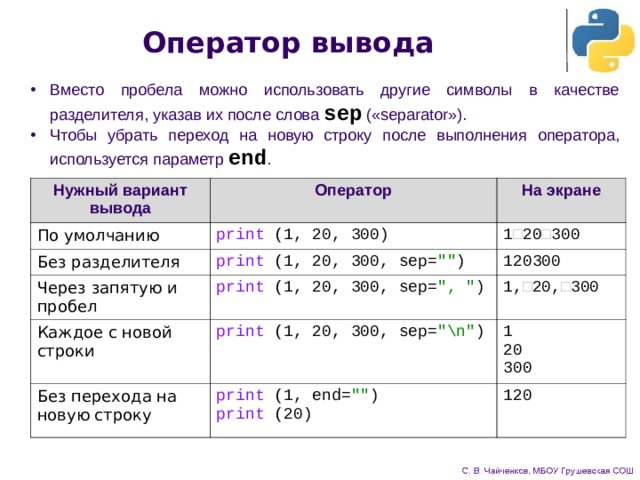 Оператор вывода Вместо пробела можно использовать другие символы в качестве разделителя, указав их после слова sep («separator»). Чтобы убрать переход на новую строку после выполнения оператора, используется параметр end . Нужный вариант вывода Оператор По умолчанию На экране print (1, 20, 300) Без разделителя print (1, 20, 300, sep= 