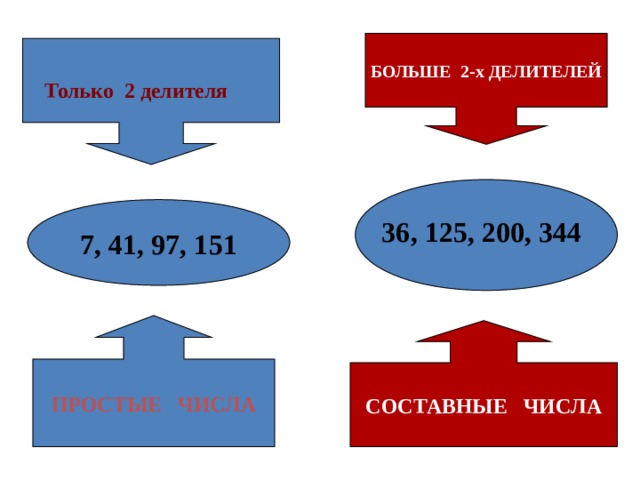 БОЛЬШЕ 2-х ДЕЛИТЕЛЕЙ Только 2 делителя 7, 41, 97, 151 36, 125, 200, 344 ПРОСТЫЕ ЧИСЛА СОСТАВНЫЕ ЧИСЛА 