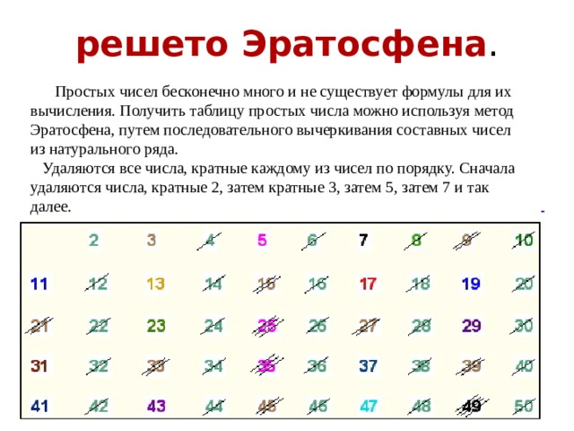 решето Эратосфена .  Простых чисел бесконечно много и не существует формулы для их вычисления. Получить таблицу простых числа можно используя метод Эратосфена, путем последовательного вычеркивания составных чисел из натурального ряда.  Удаляются все числа, кратные каждому из чисел по порядку. Сначала удаляются числа, кратные 2, затем кратные 3, затем 5, затем 7 и так далее. 