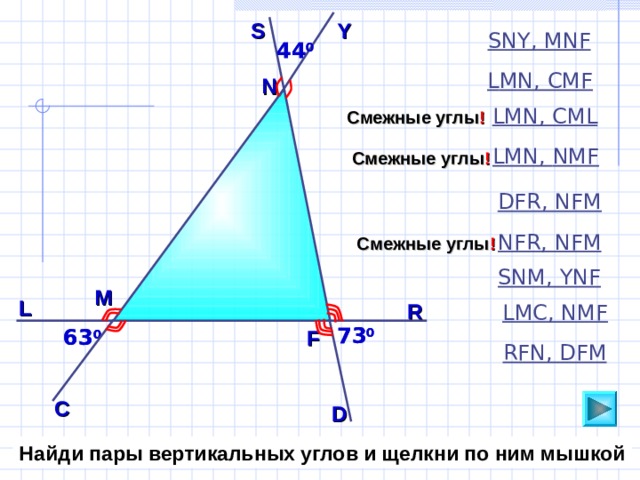 S Y SNY,  MNF  44 0 44 0 L М N, CMF N L М N, CML Смежные углы ! L М N,  NMF  Смежные углы ! DFR, NFM  NFR, NFM  Смежные углы ! SNM, YNF  М L R LMC, NMF 73 0 73 0 63 0 63 0 F RFN, DFM C D Найди пары вертикальных углов и щелкни по ним мышкой 
