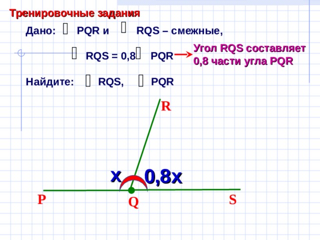 Тренировочные задания Дано: PQR и RQS – смежные,   RQS  = 0,8 PQR  Найдите: RQS , PQR Угол RQS составляет 0,8 части угла PQR R Саврасова С.М., Ястребинецкий Г.А. «Упражнения по планиметрии на готовых чертежах» х 0,8х P S Q 