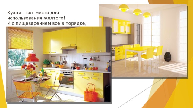Кухня – вот место для использования желтого! И с пищеварением все в порядке, он поспособствует . 