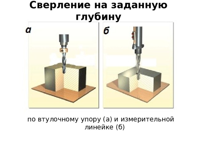 Сверление на заданную глубину по втулочному упору (а) и измерительной линейке (б) 
