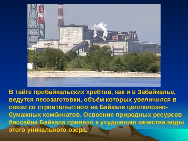  В тайге прибайкальских хребтов, как и в Забайкалье, ведутся лесозаготовки, объём которых увеличился в связи со строительством на Байкале целлюлозно-бумажных комбинатов. Освоение природных ресурсов бассейна Байкала привело к ухудшению качества воды этого уникального озера. 