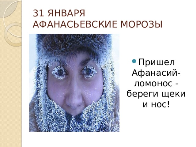 31 ЯНВАРЯ  АФАНАСЬЕВСКИЕ МОРОЗЫ Пришел Афанасий-ломонос - береги щеки и нос! 