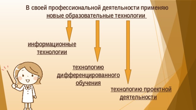  В своей профессиональной деятельности применяю новые образовательные технологии   информационные технологии технологию дифференцированного обучения технологию проектной  деятельности 