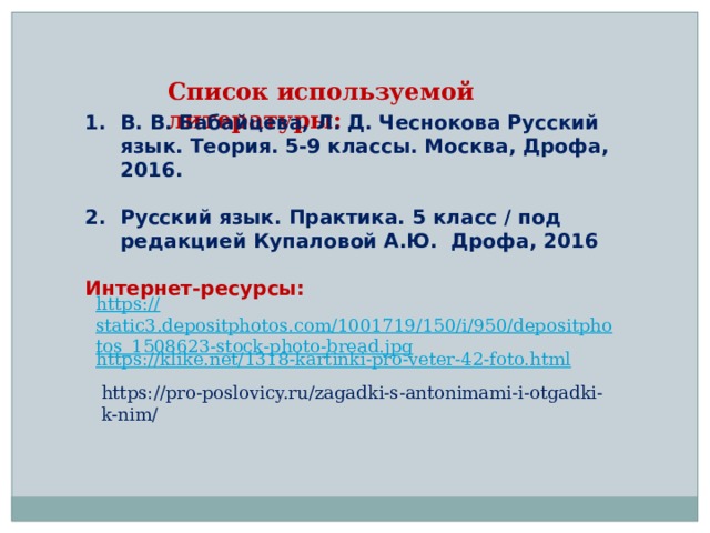 Список используемой литературы: В. В. Бабайцева, Л. Д. Чеснокова Русский язык. Теория. 5-9 классы. Москва, Дрофа, 2016.  Русский язык. Практика. 5 класс / под редакцией Купаловой А.Ю. Дрофа, 2016  Интернет-ресурсы:   https:// static3.depositphotos.com/1001719/150/i/950/depositphotos_1508623-stock-photo-bread.jpg https:// klike.net/1318-kartinki-pro-veter-42-foto.html https://pro-poslovicy.ru/zagadki-s-antonimami-i-otgadki-k-nim/ 