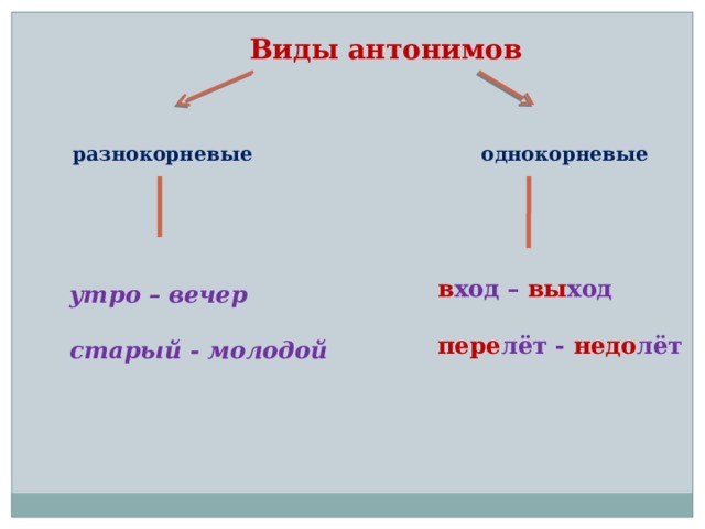 Виды антонимов разнокорневые однокорневые в ход – вы ход  пере лёт - недо лёт утро – вечер  старый - молодой Виды антонимов  