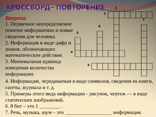 3 2 4 1 6 5 7 Вопросы: 1. Первичное неопределяемое понятие информатики и новые сведения для человека. 2. Информация в виде цифр и знаков, обозначающих математические действия. 3. Минимальная единица измерения количества информации. 4. Информация, передаваемая в виде символов, сведения из книги, газеты, журнала и т. д. 5. Примеры этого вида информации - рисунок, чертеж — в виде статических изображений. 6. 8 бит – это 1 ________ . 7. Речь, музыка, шум – это __________________ информация. 