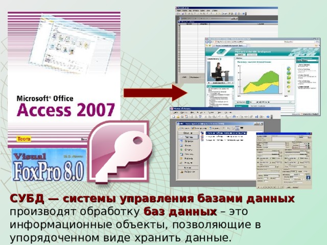 СУБД — системы управления базами данных   производят обработку баз данных – это информационные объекты, позволяющие в упорядоченном виде хранить данные. 