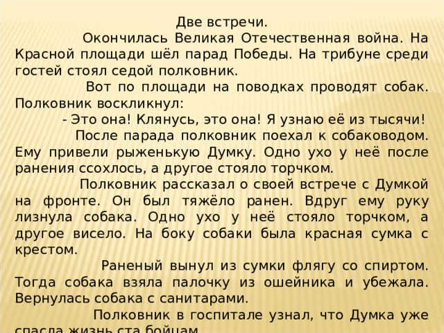 Две встречи.  Окончилась Великая Отечественная война. На Красной площади шёл парад Победы. На трибуне среди гостей стоял седой полковник.  Вот по площади на поводках проводят собак. Полковник воскликнул:  - Это она! Клянусь, это она! Я узнаю её из тысячи!  После парада полковник поехал к собаководом. Ему привели рыженькую Думку. Одно ухо у неё после ранения ссохлось, а другое стояло торчком.  Полковник рассказал о своей встрече с Думкой на фронте. Он был тяжёло ранен. Вдруг ему руку лизнула собака. Одно ухо у неё стояло торчком, а другое висело. На боку собаки была красная сумка с крестом.  Раненый вынул из сумки флягу со спиртом. Тогда собака взяла палочку из ошейника и убежала. Вернулась собака с санитарами.  Полковник в госпитале узнал, что Думка уже спасла жизнь ста бойцам. 