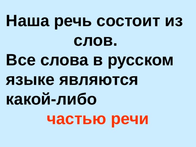 Наша речь состоит из слов.  Все слова в русском языке являются  какой-либо   частью речи 