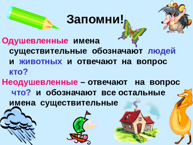 Запомни! Одушевленные имена существительные обозначают людей и животных и отвечают на вопрос кто? Неодушевленные – отвечают на вопрос что? и обозначают все остальные имена существительные  