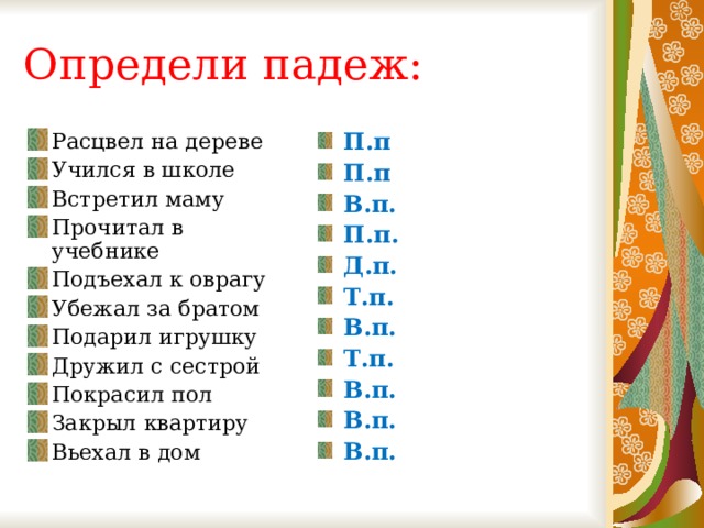 Определи падеж: Расцвел на дереве Учился в школе Встретил маму Прочитал в учебнике Подъехал к оврагу Убежал за братом Подарил игрушку Дружил с сестрой Покрасил пол Закрыл квартиру Вьехал в дом П.п П.п В.п. П.п. Д.п. Т.п. В.п. Т.п. В.п. В.п. В.п. 