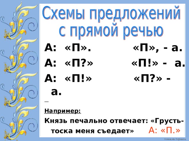 А: «П». «П», - а. А: «П?» «П!» - а. А: «П!» «П?» - а.  Например: Князь печально отвечает: «Грусть-тоска меня съедает» А: «П.»           
