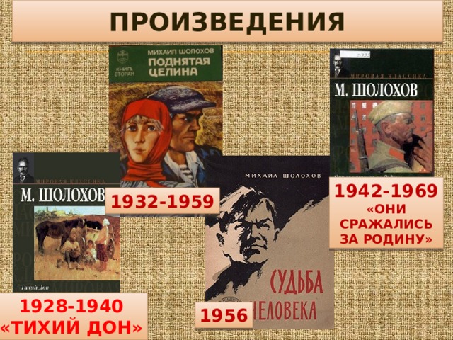 ПРОИЗВЕДЕНИЯ 1942-1969 «ОНИ СРАЖАЛИСЬ ЗА РОДИНУ» 1932-1959 1928-1940 «ТИХИЙ ДОН» 1956 