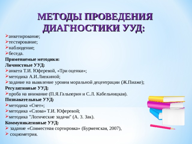  МЕТОДЫ ПРОВЕДЕНИЯ ДИАГНОСТИКИ УУД: анкетирование; тестирование; наблюдение; беседа. Применяемые методики: Личностные УУД: анкета Т.И. Юферевой, «Три оценки»; методика А.И.Липкиной; задание на выявление уровня моральной децентрации (Ж.Пиаже); Регулятивные УУД: проба на внимание (П.Я.Гальперин и С.Л. Кабельницкая). Познавательные УУД: методика «Счет»; методика «Слова» Т.И. Юферевой; методика 