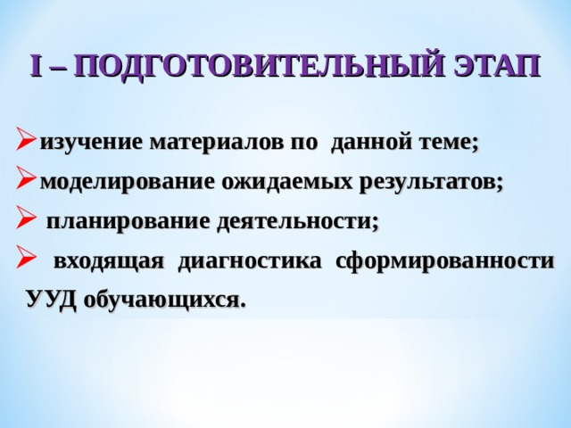 I – ПОДГОТОВИТЕЛЬНЫЙ ЭТАП  изучение материалов по данной теме; моделирование ожидаемых результатов;  планирование деятельности;  входящая диагностика сформированности УУД обучающихся.  