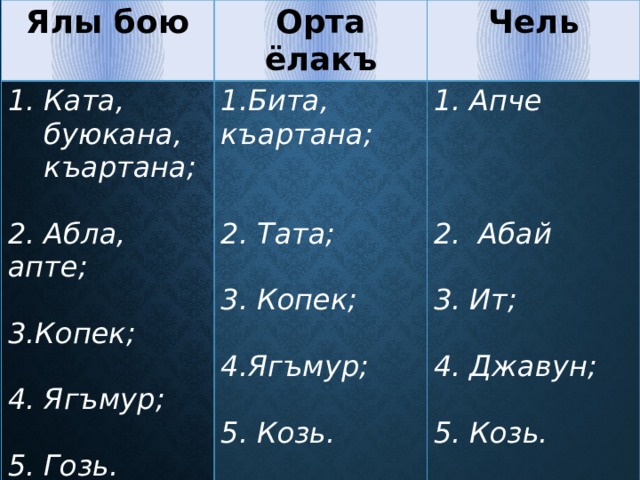 Ялы бою Орта ёлакъ Ката, буюкана, къартана; Чель  1.Бита, къартана; 2. Абла, апте; Апче      2. Тата; 3.Копек;    3. Копек;  Абай 4. Ягъмур;    4.Ягъмур; Ит; 5. Гозь.   5. Козь. Джавун;  Козь. 