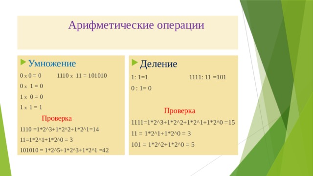  Арифметические операции Умножение Деление 0 х 0 = 0 1110 х 11 = 101010 1: 1=1 1111: 11 =101 0 х 1 = 0 0 : 1= 0 1 х 0 = 0  Проверка 1 х 1 = 1  Проверка 1111=1*2^3+1*2^2+1*2^1+1*2^0 =15 1110 =1*2^3+1*2^2+1*2^1=14 11 = 1*2^1+1*2^0 = 3 101 = 1*2^2+1*2^0 = 5 11=1*2^1+1*2^0 = 3 101010 = 1*2^5+1*2^3+1*2^1 =42 