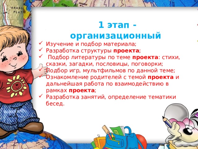 1 этап - организационный Изучение и подбор материала; Разработка структуры  проекта ;  Подбор литературы по теме  проекта : стихи, сказки, загадки, пословицы, поговорки; Подбор игр, мультфильмов по данной теме; Ознакомление родителей с темой  проекта  и дальнейшая работа по взаимодействию в рамках  проекта ; Разработка занятий, определение тематики бесед.   