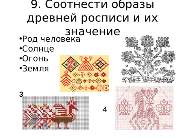 9. Соотнести образы древней росписи и их значение Род человека Солнце 1 Огонь 2 Земля 3 4 