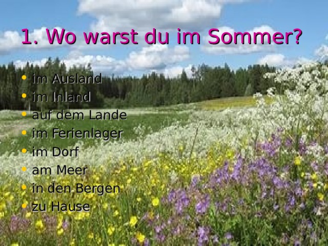 1. Wo warst du im Sommer? im Ausland im Inland auf dem Lande im Ferienlager im Dorf am Meer in den Bergen zu Hause 