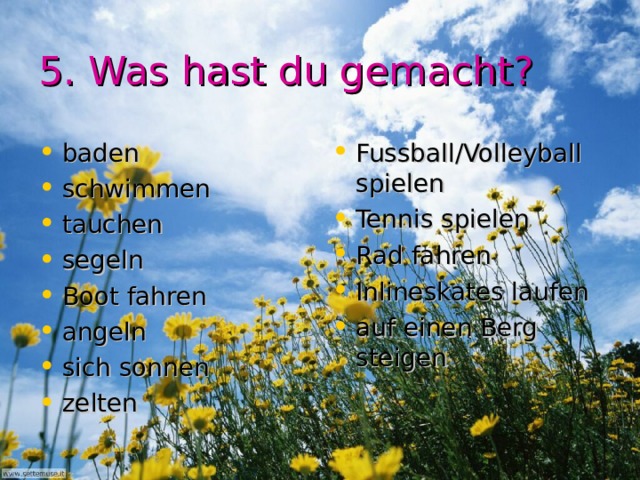 5. Was hast du gemacht? baden schwimmen tauchen segeln Boot fahren angeln sich sonnen zelten Fussball/Volleyball spielen Tennis spielen Rad fahren Inlineskates laufen auf einen Berg steigen 