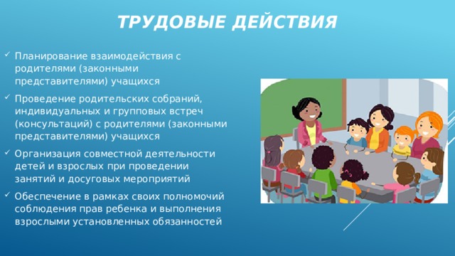Трудовые действия Планирование взаимодействия с родителями (законными представителями) учащихся Проведение родительских собраний, индивидуальных и групповых встреч (консультаций) с родителями (законными представителями) учащихся Организация совместной деятельности детей и взрослых при проведении занятий и досуговых мероприятий Обеспечение в рамках своих полномочий соблюдения прав ребенка и выполнения взрослыми установленных обязанностей 