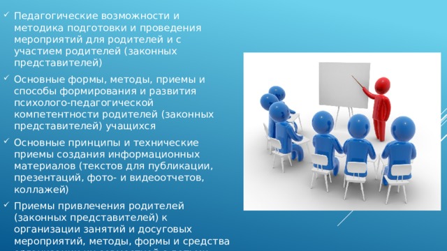 Педагогические возможности и методика подготовки и проведения мероприятий для родителей и с участием родителей (законных представителей) Основные формы, методы, приемы и способы формирования и развития психолого-педагогической компетентности родителей (законных представителей) учащихся Основные принципы и технические приемы создания информационных материалов (текстов для публикации, презентаций, фото- и видеоотчетов, коллажей) Приемы привлечения родителей (законных представителей) к организации занятий и досуговых мероприятий, методы, формы и средства организации их совместной с детьми деятельности 