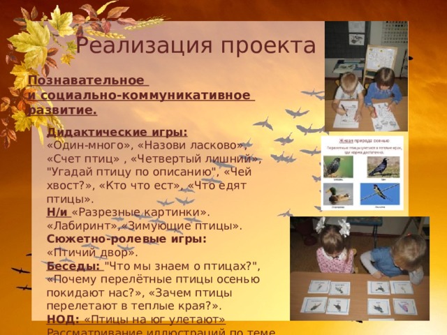 Реализация проекта Познавательное и социально-коммуникативное развитие. Дидактические игры: «Один-много», «Назови ласково», «Счет птиц» , «Четвертый лишний», 
