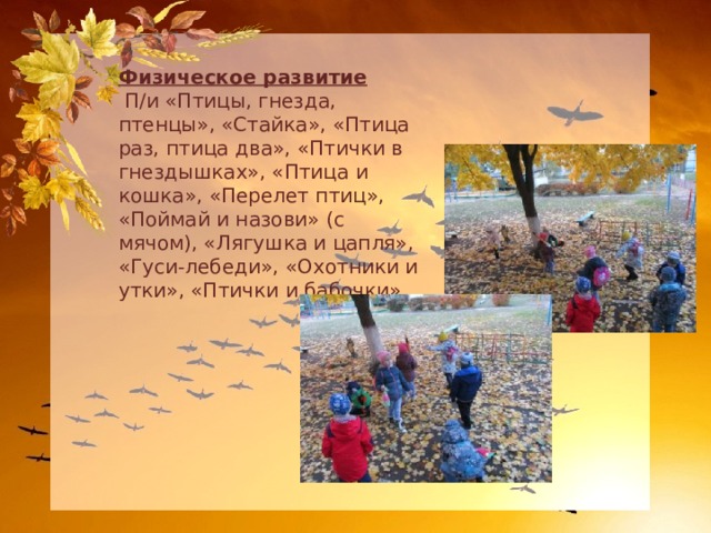 Физическое развитие   П/и «Птицы, гнезда, птенцы», «Стайка», «Птица раз, птица два», «Птички в гнездышках», «Птица и кошка», «Перелет птиц», «Поймай и назови» (с мячом), «Лягушка и цапля», «Гуси-лебеди», «Охотники и утки», «Птички и бабочки».   