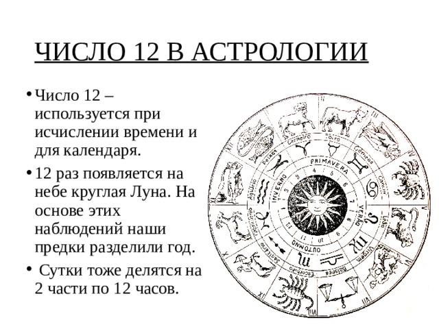ЧИСЛО 12 В АСТРОЛОГИИ Число 12 –используется при исчислении времени и для календаря. 12 раз появляется на небе круглая Луна. На основе этих наблюдений наши предки разделили год.  Сутки тоже делятся на 2 части по 12 часов.  