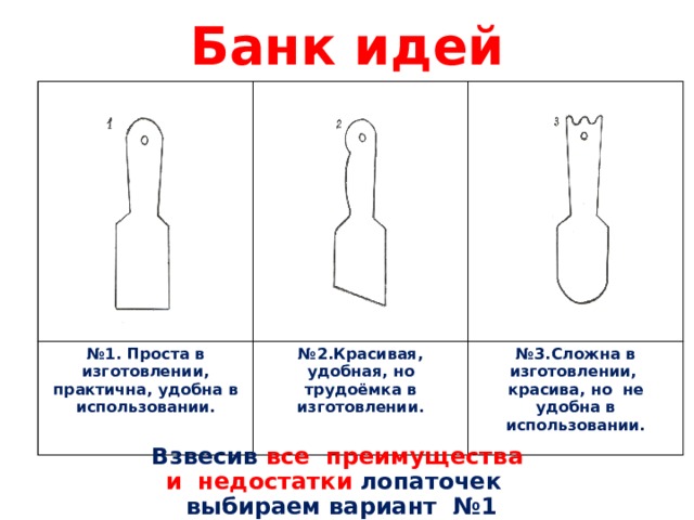 Банк идей № 1. Проста в изготовлении, практична, удобна в использовании. № 2.Красивая, удобная, но трудоёмка в изготовлении. № 3.Сложна в изготовлении, красива, но не удобна в использовании. Взвесив все преимущества и недостатки лопаточек выбираем вариант №1 