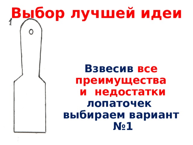 Выбор лучшей идеи Взвесив все преимущества и недостатки лопаточек выбираем вариант №1 