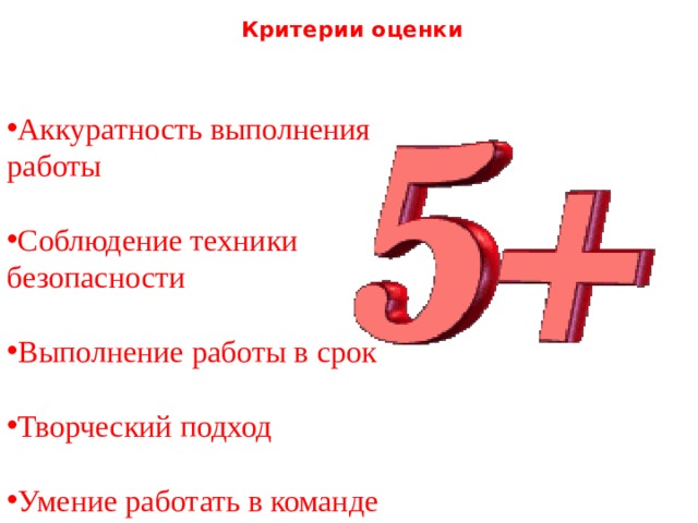 Критерии оценки Аккуратность выполнения работы Соблюдение техники безопасности Выполнение работы в срок Творческий подход Умение работать в команде 