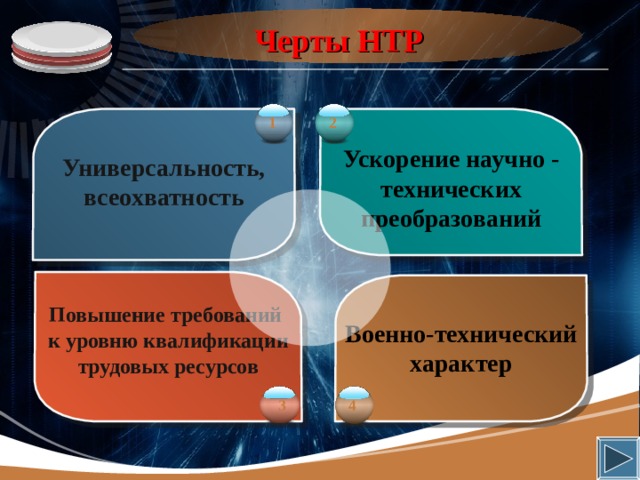 Черты НТР 2 1    Ускорение научно - технических преобразований Универсальность,  всеохватность  Повышение требований к уровню квалификации трудовых ресурсов  Военно-технический характер 3 4 