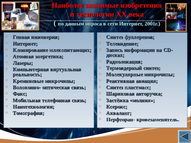 Наиболее значимые изобретения  и технологии XX века  ( по данным опроса в сети Интернет, 2001г.) Генная инженерия; Интернет; Клонирование млекопитающих; Атомная энергетика; Лазеры; Компьютерная виртуальная реальность; Кремниевые микрочипы; Волоконно- оптическая связь; Факс; Мобильная телефонная связь; Нанотехнологии; Томография; Синтез фуллеренов; Телевидение; Запись информации на CD -дисках; Радиолокация; Термоядерный синтез; Молекулярные микрочипы; Реактивная авиация; Синтез пластмасс; Шариковая авторучка; Застёжка «молния»; Ксерокс; Акваланг; Перфторан- кровезаменитель. 